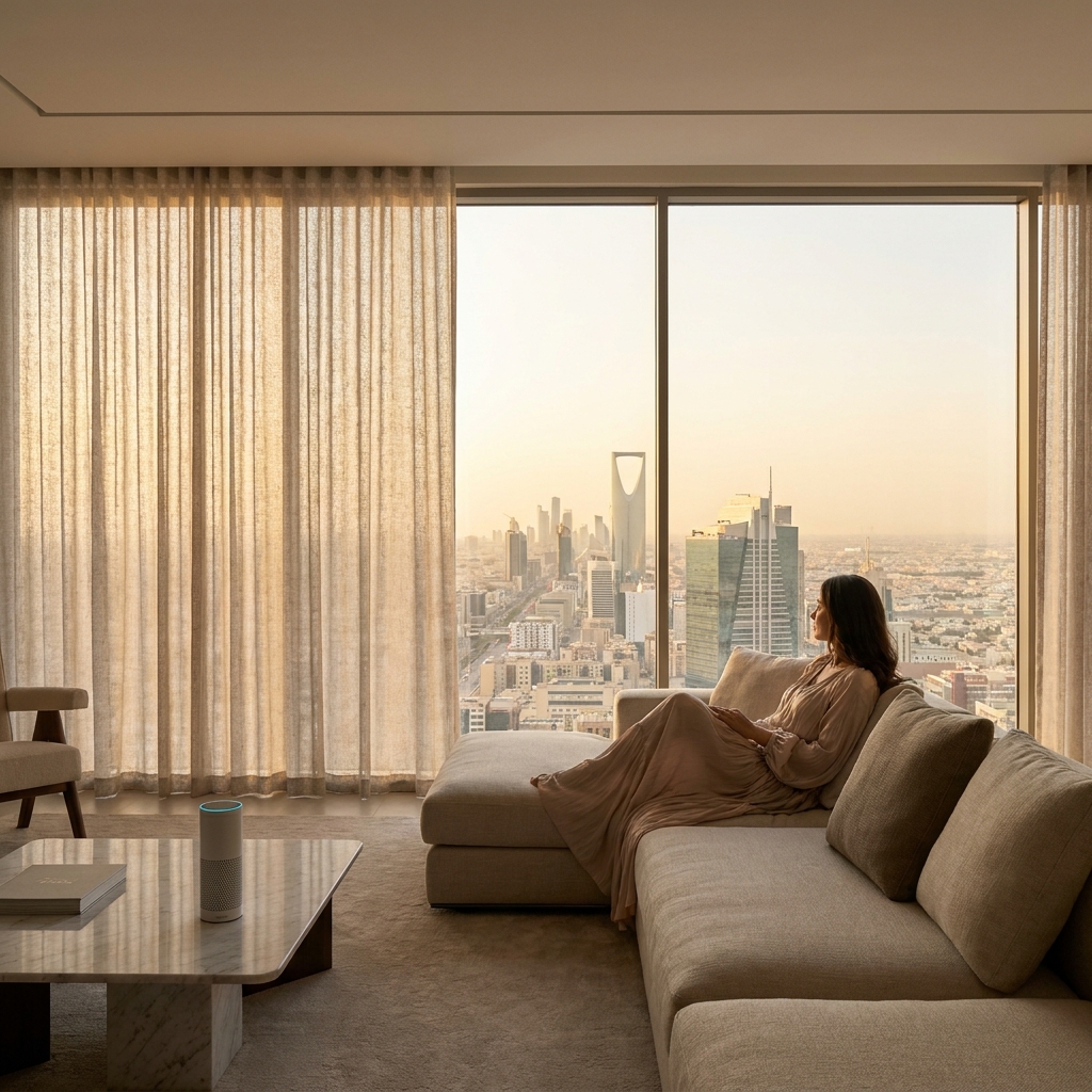 Bedroom with automated curtains