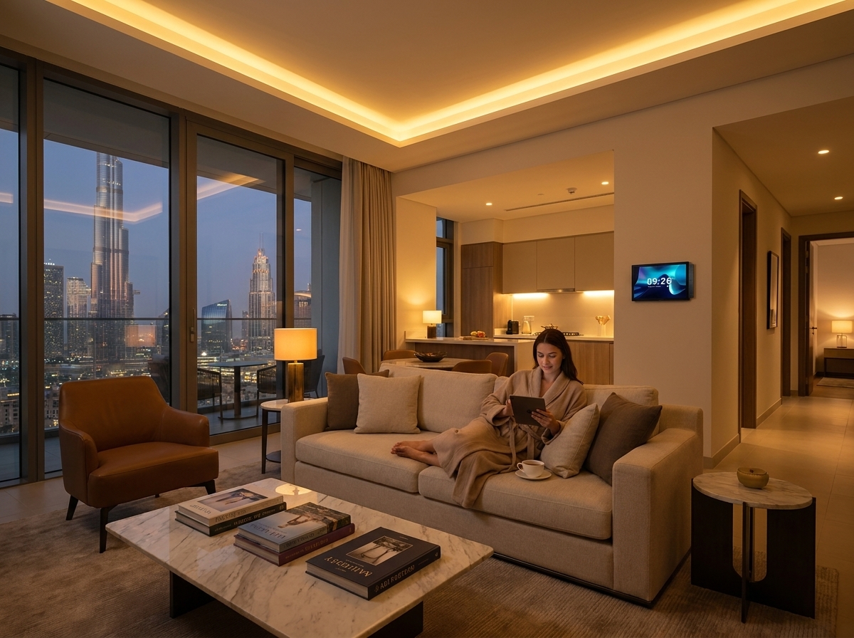 Guest relaxing in a Dubai holiday apartment with smart ambient lighting