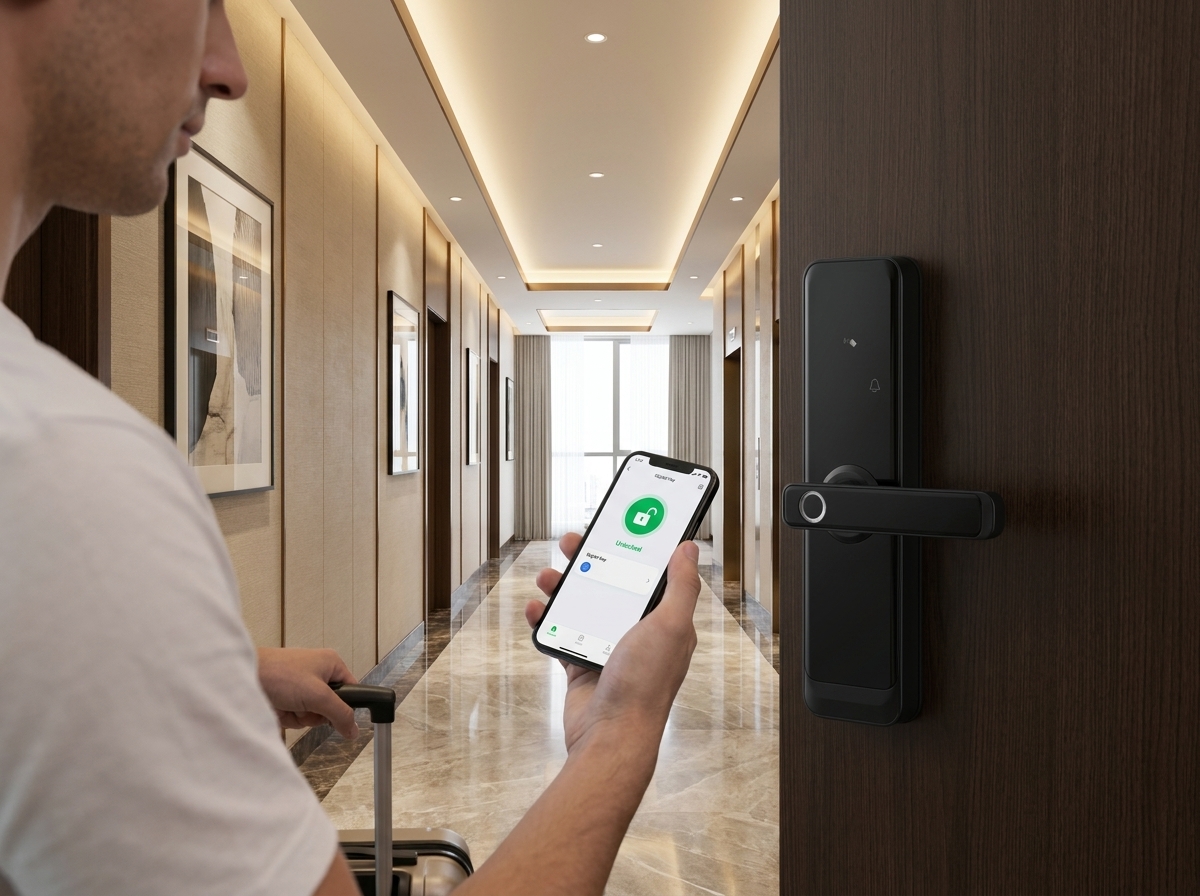 Guest performing smooth self check-in at a Dubai apartment door