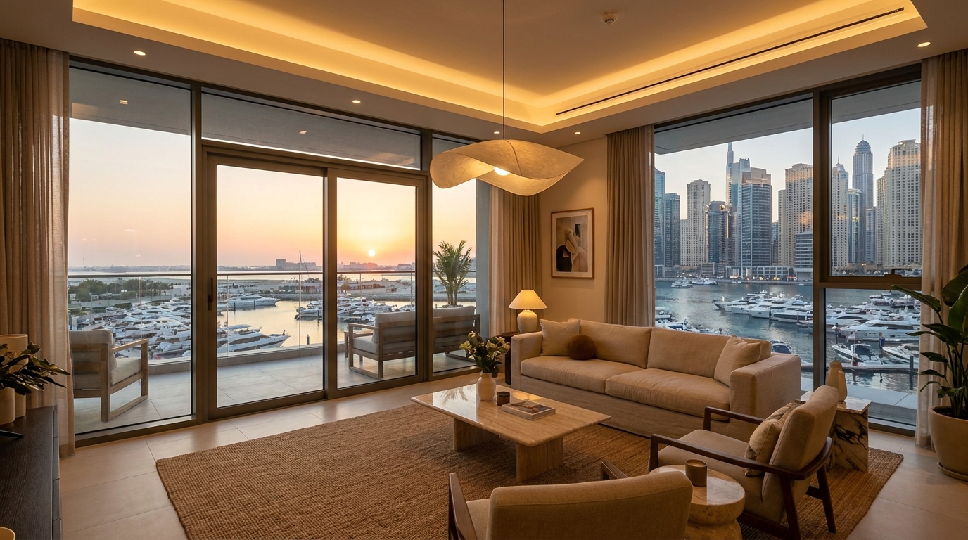 Premium Dubai holiday apartment interior with skyline view at sunset