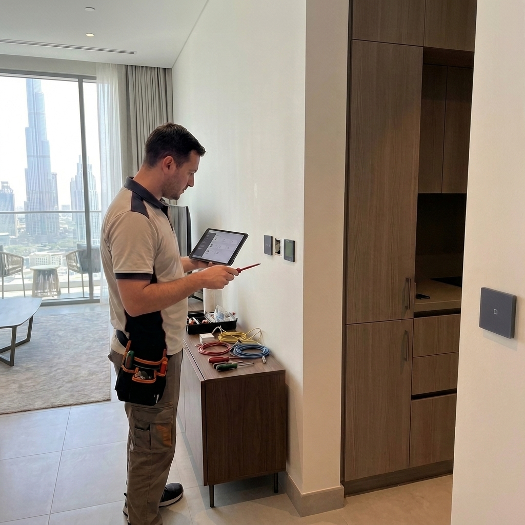 Specialist configuring Norwie smart controls inside a Dubai holiday apartment