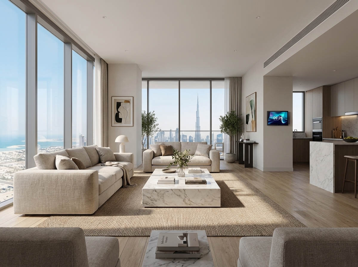 Modern Dubai holiday apartment living room in daylight