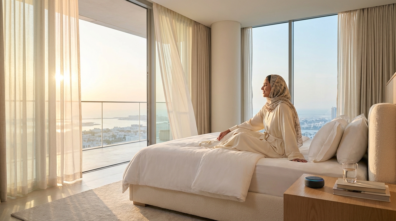 Automated curtains opening in a villa bedroom