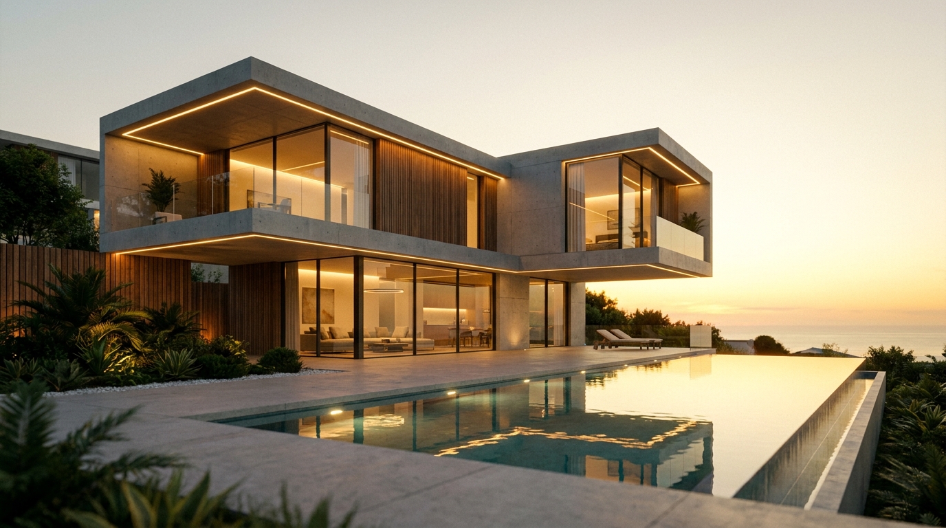 Luxury modern villa exterior at sunset