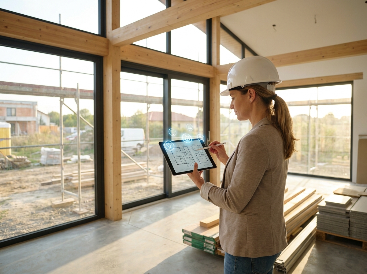 Architect reviewing smart home plans on tablet