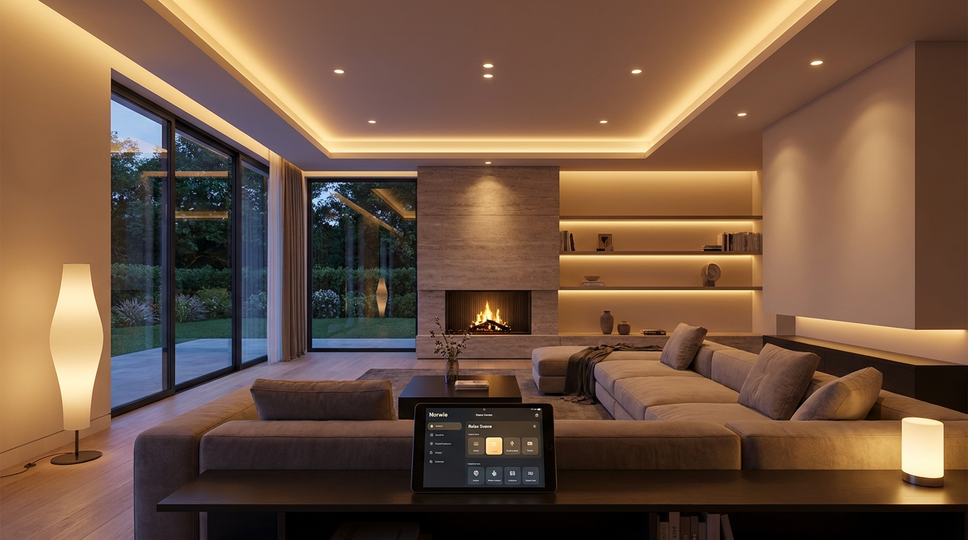 Modern villa living room with smart lighting