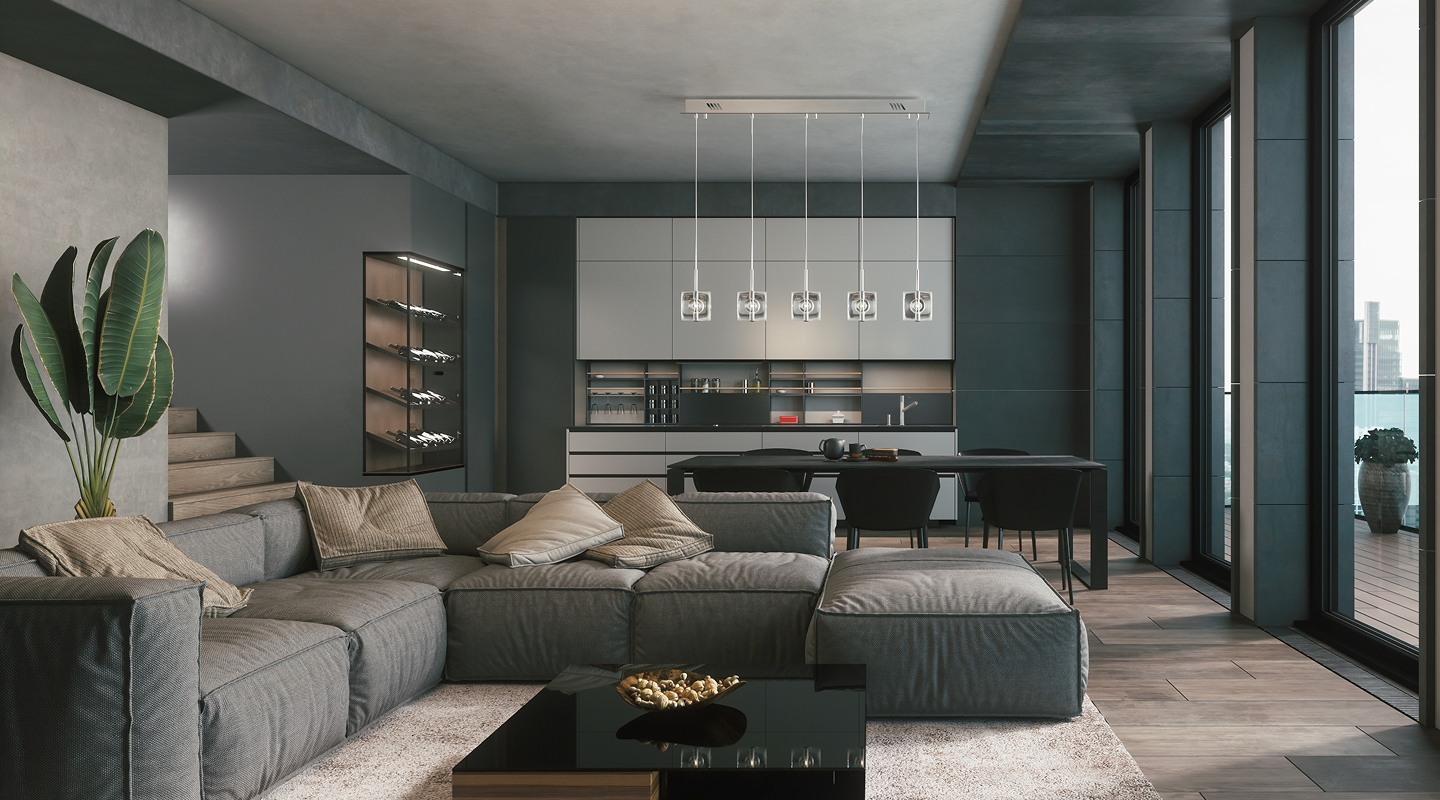 Touch control panel mounted on a living room wall